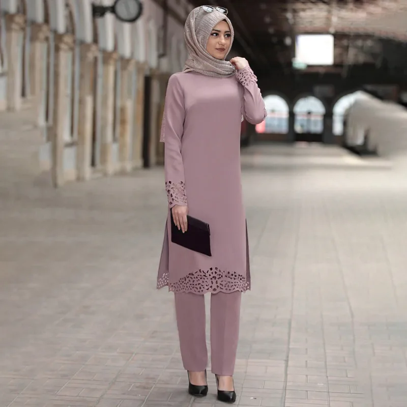 Комплект из двух предметов, мусульманские модные топы и брюки Рамадан, женское турецкое платье, модные узкие комплекты Djellaba, женская мусуль...