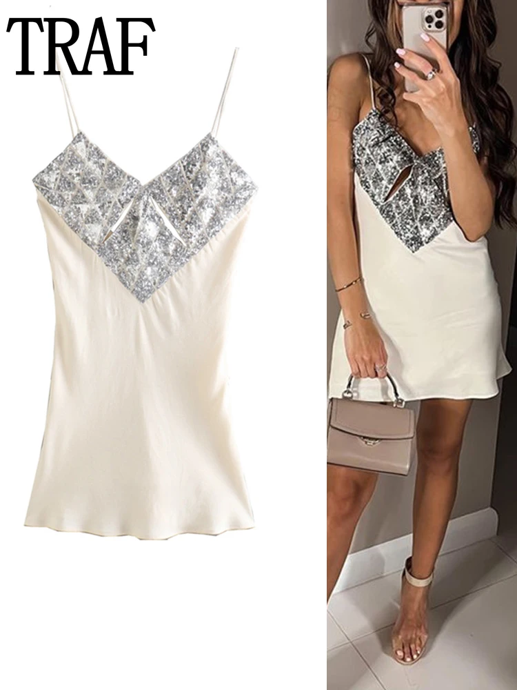 

TRAF Off Shoulder Slip Dress Woman Satin Short Dresses For Women 2022 Backless Party Sequin Dress Summer Sexy Female Dress