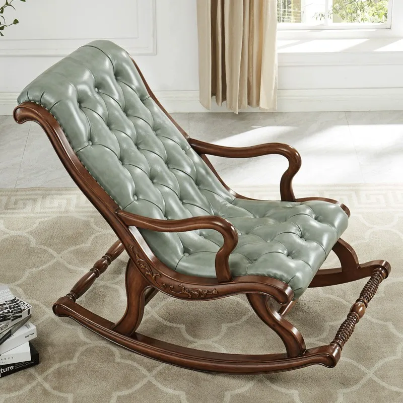 

American solid wood leather rocking chair single sofa chair reclining chair household European bedroom leisure chair balcony san