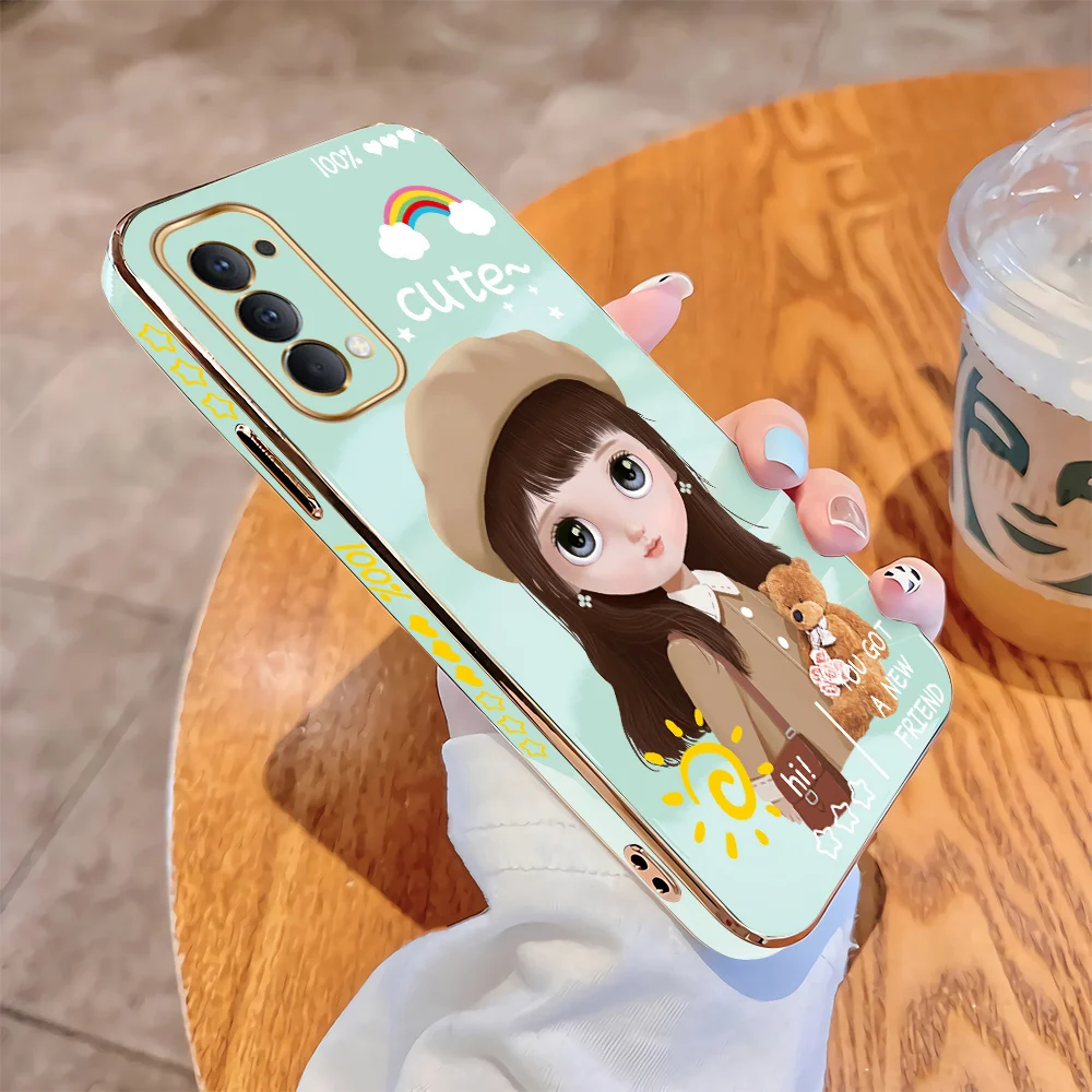 

For OPPO Reno3 Pro 4G 5G Luxury Square Case Cartoon Girls Plating Soft TPU Cover Shockproof Cases