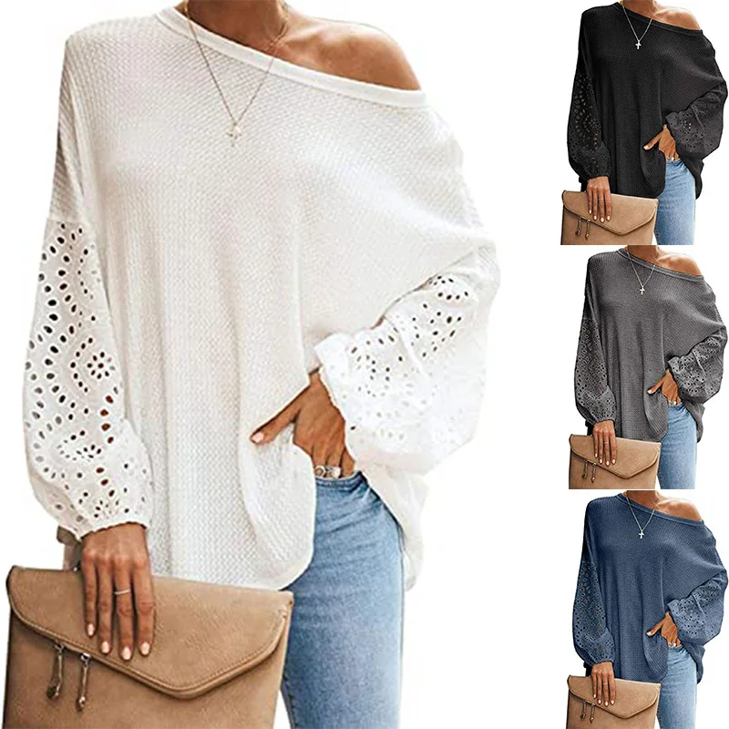 

2023 Solid Loose Oblique Neck Shirt Women Hollow Out Long Sleeve Off Shoulder T-shirt T