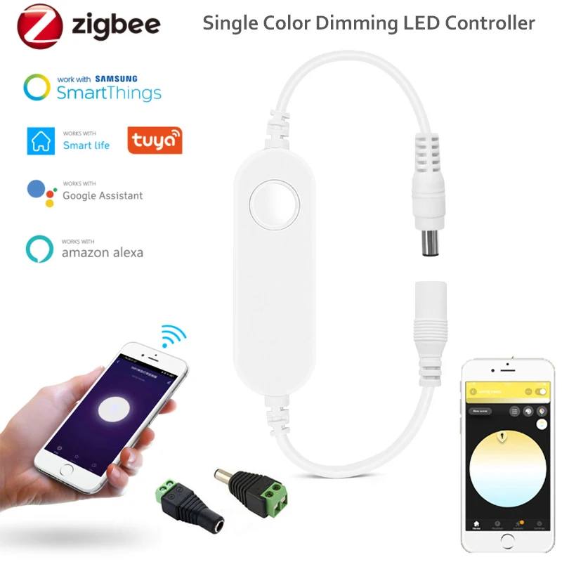 Mini Zigbee DW Light Strip Controller with DC Adapter 12-24V 5050 3528 Single Color LED Light Dimmer Work with Alexa Smartthings