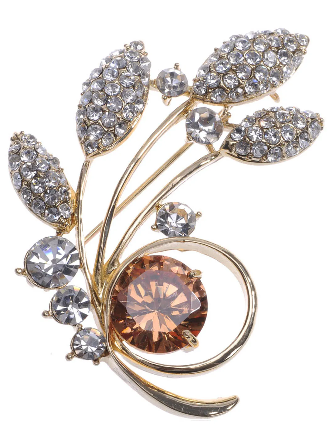 

Golden Tone Sparkly Clear Topaz Crystal Rhinestone Flower Leaves Brooch Pin