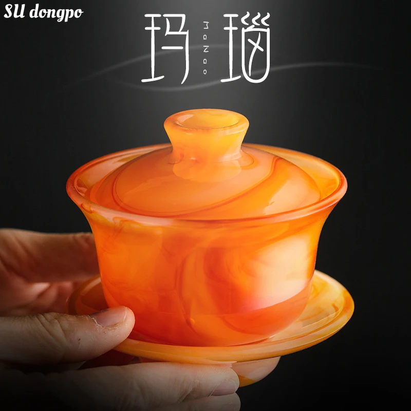 

Agate Jade Porcelain Gaiwan Tea Cup Sancai Covered Bowl Anti Scalding Jade Glass Glass Tea Making Utensil Kung Fu Tea Set