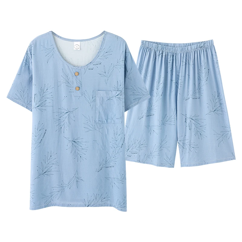 CAIYEIR 2022 Men Grid Print Pajamas Set Summer Short Sleeve Shorts Sleepwear For Men Loose Soft Cotton Nightwear Lounge Wear 3XL