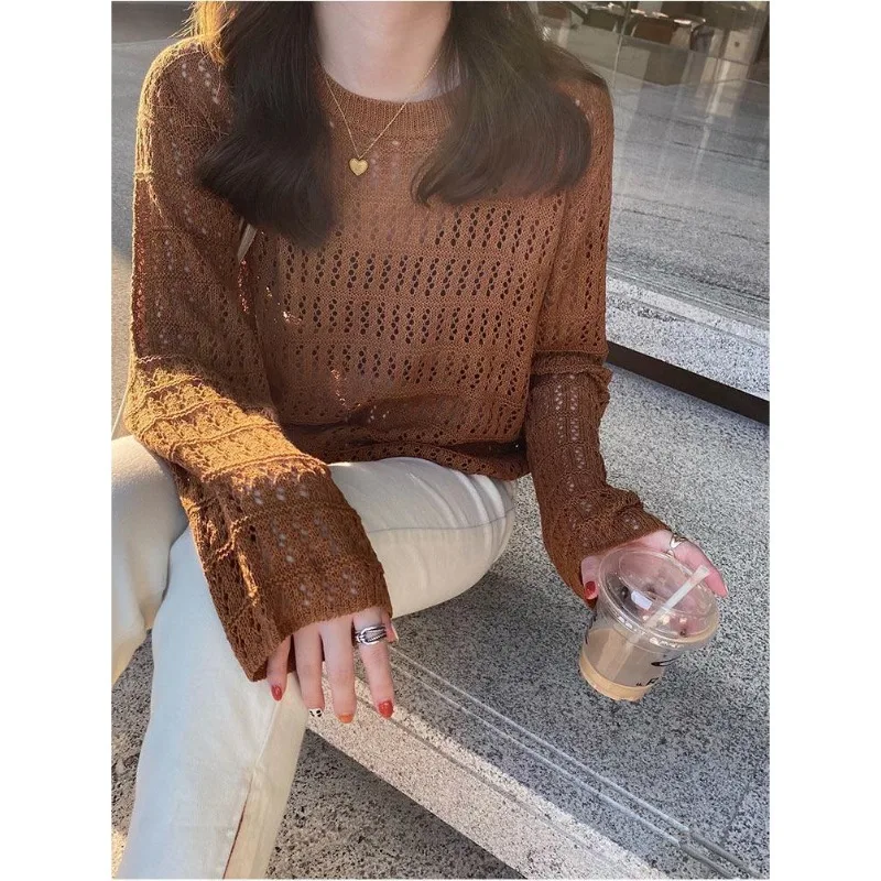 Ажурный вязаный Топ женский корейский Свободный Повседневный тонкий
