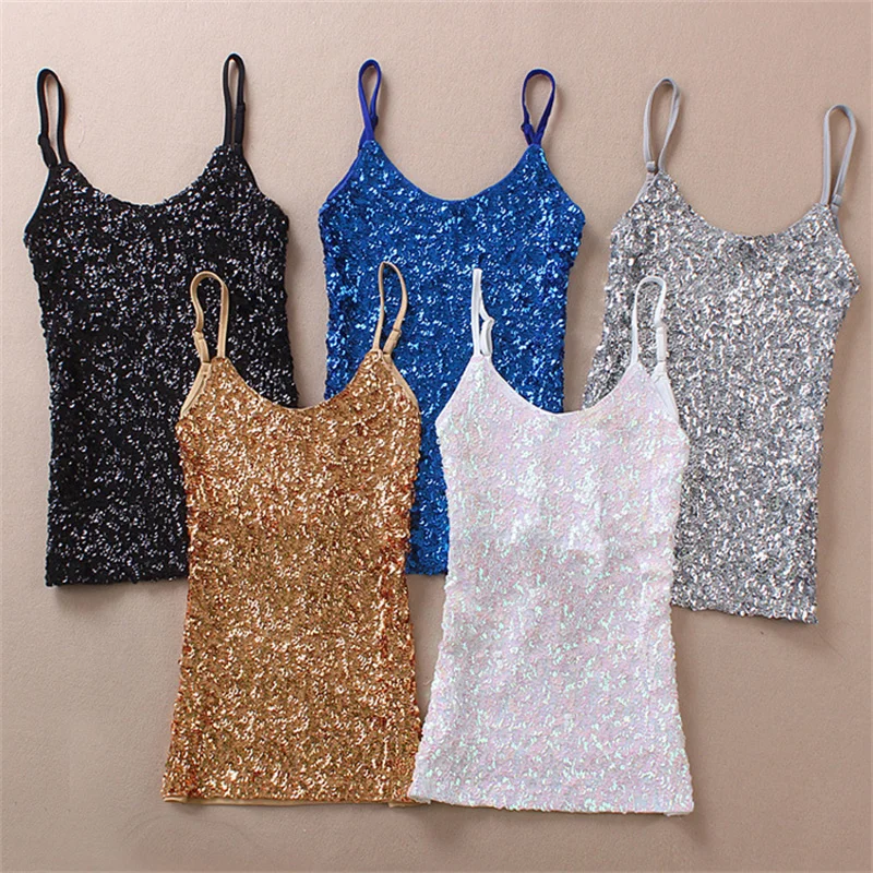 

sexy v neck solid candy colors sequins spaghetti strap tanks crop top women corset tops bling camis night club performance