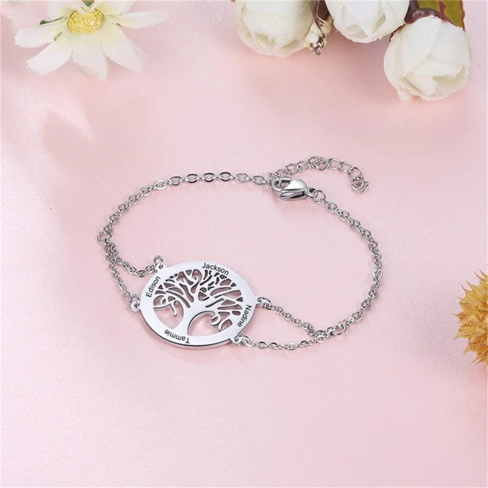 Personalized Tree of Life Bracelet Engraved Name Stainless Steel Custom Fashion Popular Accessories Women's Custom Bracelet