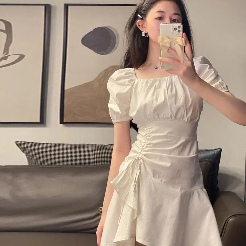 

White Kawaii Plaid Mini Dress Women's Sweet Wrapped Puff Sleeve Short Dress Casual Square Neck 2022 Summer Sundress