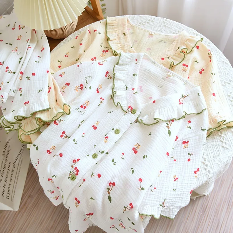 Crepe Pijamas Women Pyjamas Home Clothes Lace Collar Cardigan Sleepwear Short Sleeve Pajamas For Women Sweet Pijama Sets Cotton