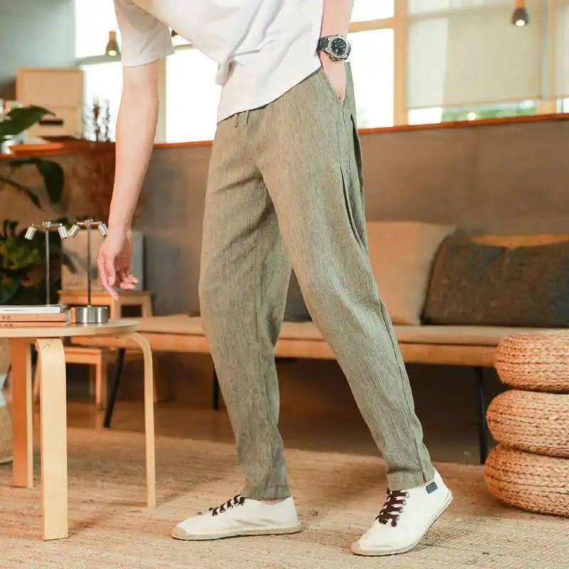 Винтажные китайские Летние повседневные штаны мужские однотонные тонкие