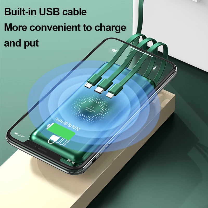 Wireless Fast Charging Power Bank Portable 30000mAh Charger Digital Display External Battery Built-in 4 cables for iPhone Xiaomi
