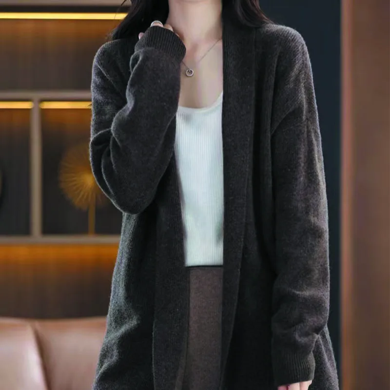 Женский осенне-зимний новый стиль вязаный кардиган средней длины шерстяная