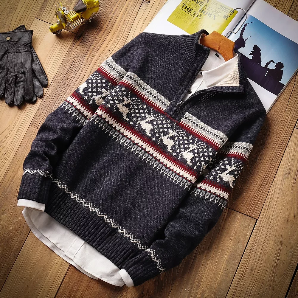 

Men Autumn New Casual Jacquard Warm Half Zip Christmas Sweater Cardigan Jacket Men Winter Vintage Mock Neck Sweater Pullover Men