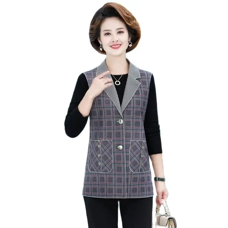 

XL-5XL Middle-aged Elderly Women's Vest Jacket New Spring Autumn Coat Plaid Sleeveless Waistcoat Female Outerwear Casual Tops