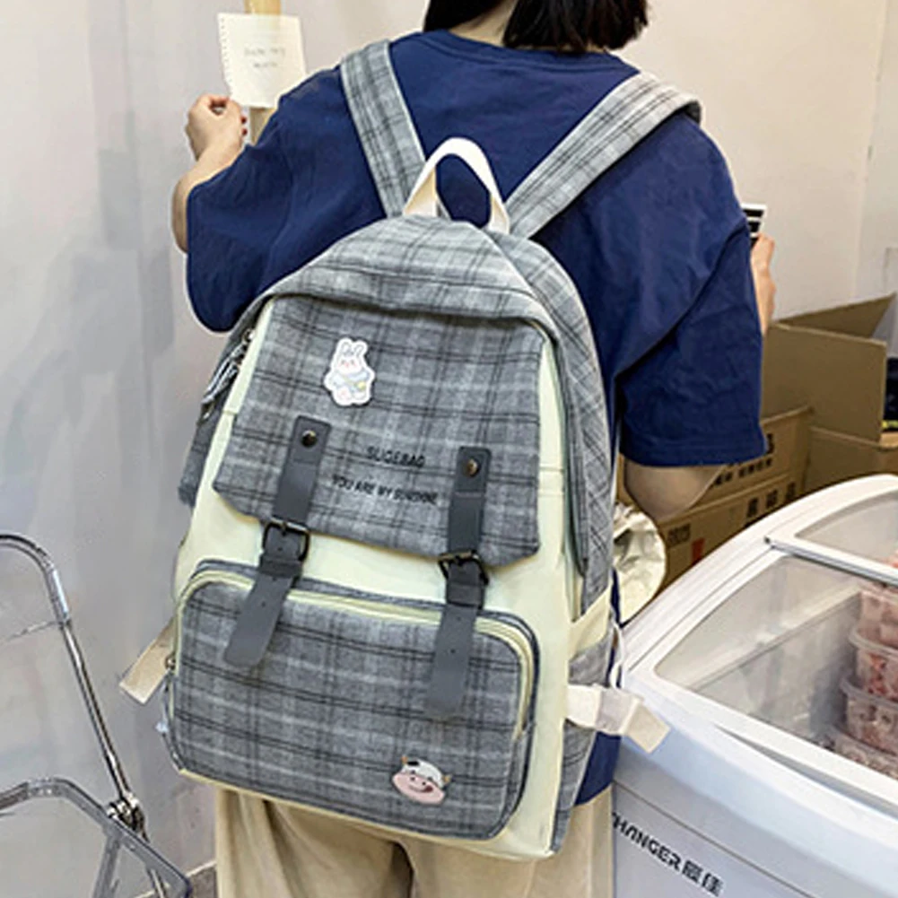 

5pcs/set College Student Rucksack Fashion Plaid Casual Book Bags Large Capacity Nylon Adjustable Strap Simple Cute for Vacations