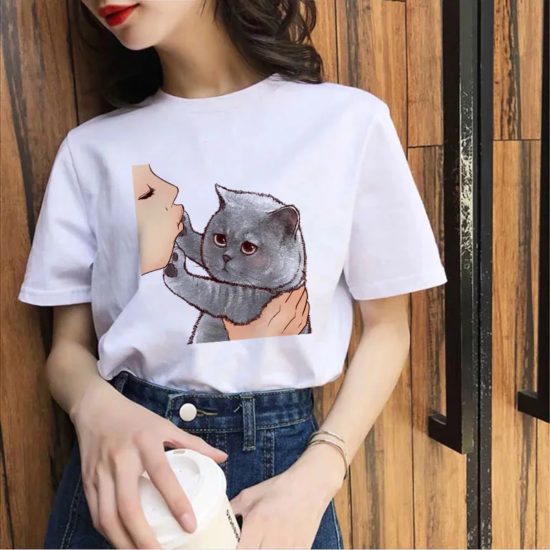 

Забавная футболка с изображением милой кошки для девушек, девушек в стиле Харадзюку, футболка с круглым вырезом и коротким рукавом