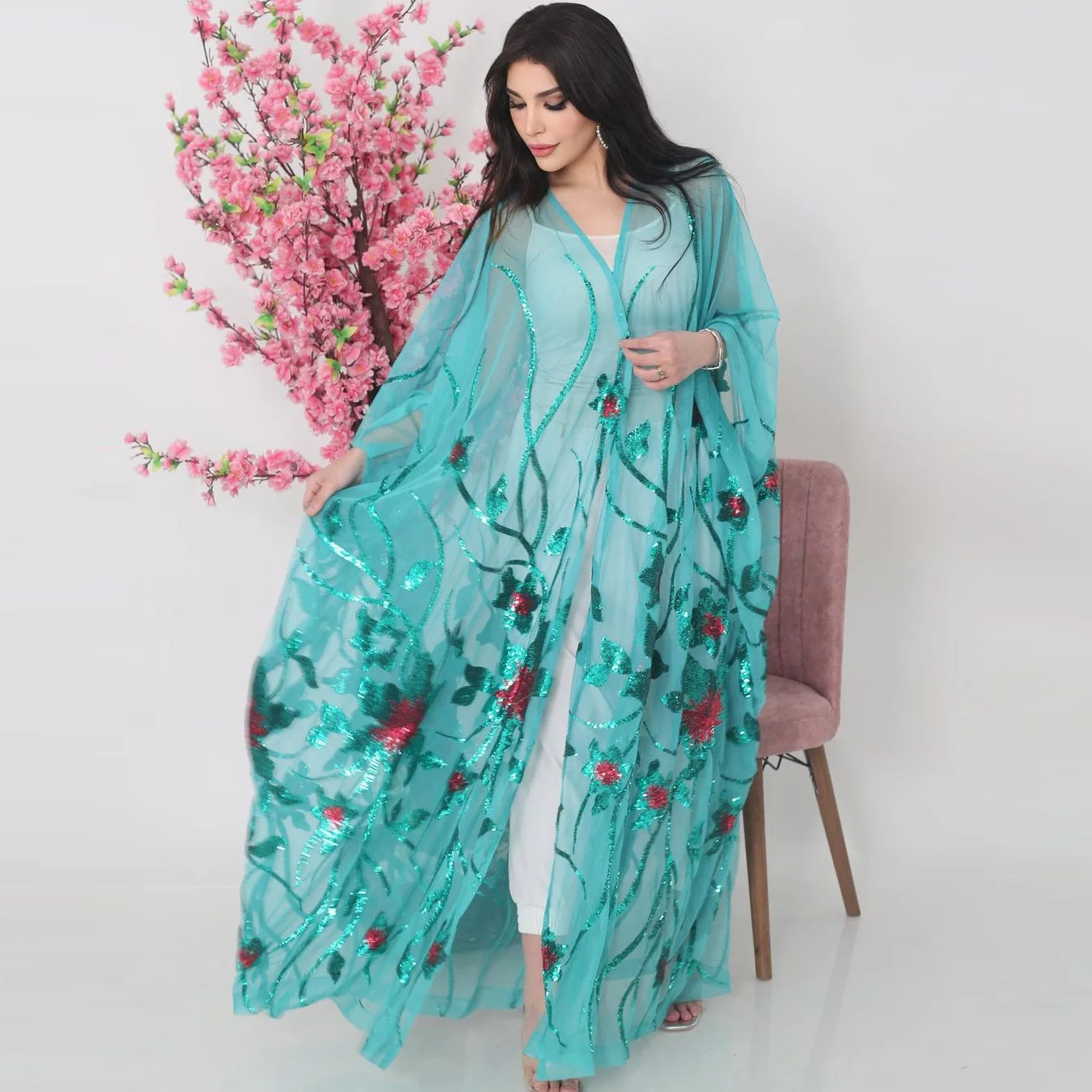 New Muslim Women Abaya Kimono Jalabiya Dress Abayas Dubai Autumn Islamic Clothes Bat Sleeve Sequin Embroidered Fashion Outerwear