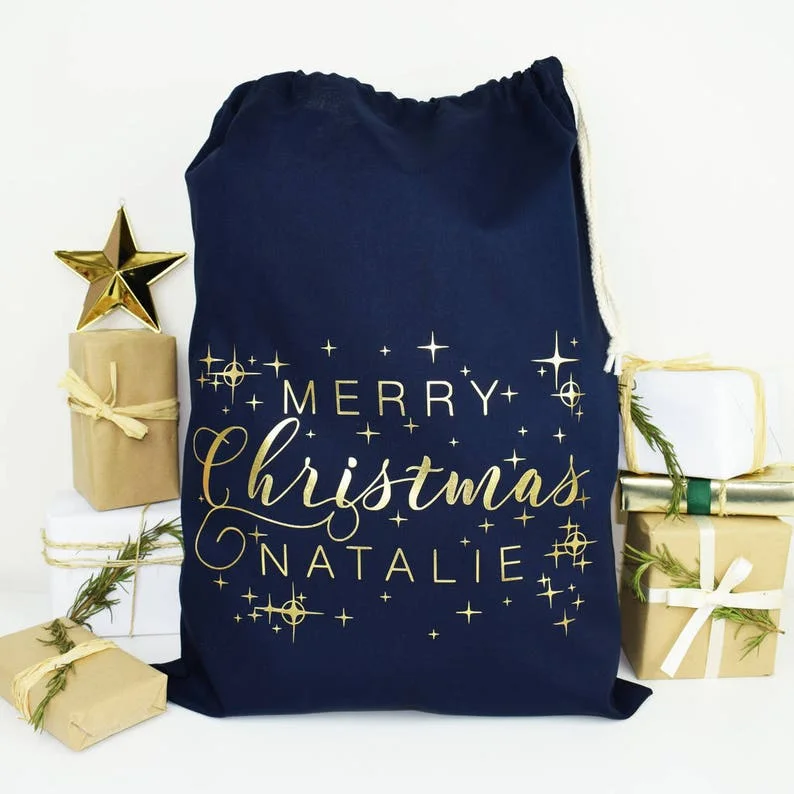 

Персонализированный золотой и темно-синий Рождественский мешок, рождественские чулки, рождественский подарок, персонализированный Рождес...
