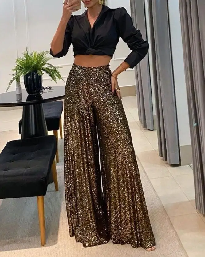 

2023 Plain Glamorous Wedding Guest Night Out Party High Waist Sequin Long Flared Pants All-Match Spring Autumn yk2 Women's Cloth