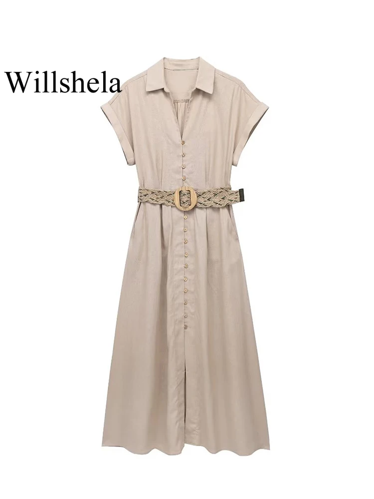 

Willshela женское модное однобортное платье миди цвета хаки с поясом, винтажное платье с отворотом и короткими рукавами, женские шикарные платья
