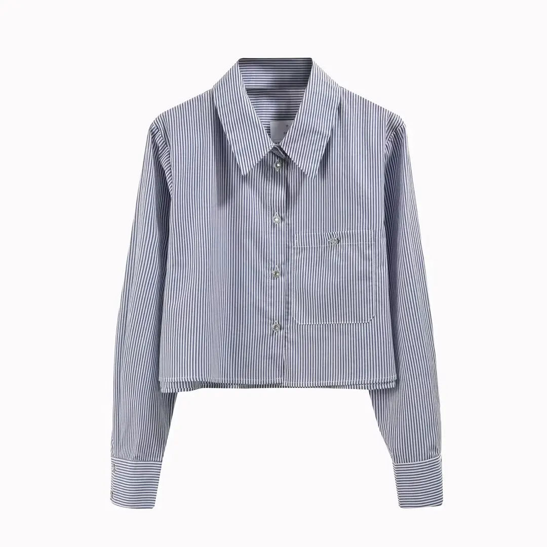 

Women New Fashion Button decoration Cropped Striped slim Blouses Vintage Long Sleeve Pockets Female Shirts Chic Tops