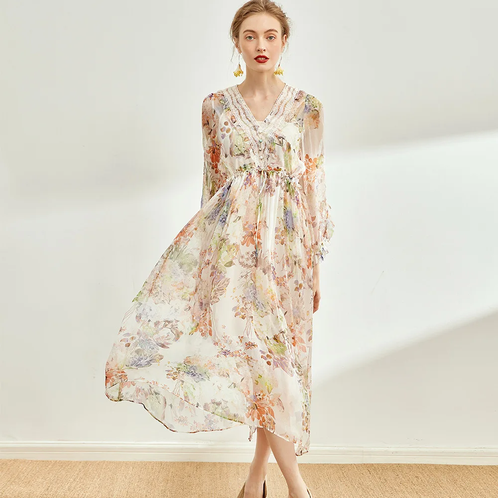 

French Mulberry Silk Dress New Summer Waist Closing Holiday Fairy Silk Large Swing Skirt Fake Two-piece Set