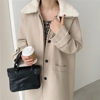 straight woolen elegant long wool full sleeve pockets overcoat winter women loose chic outerwear casual cardigan coat jacket