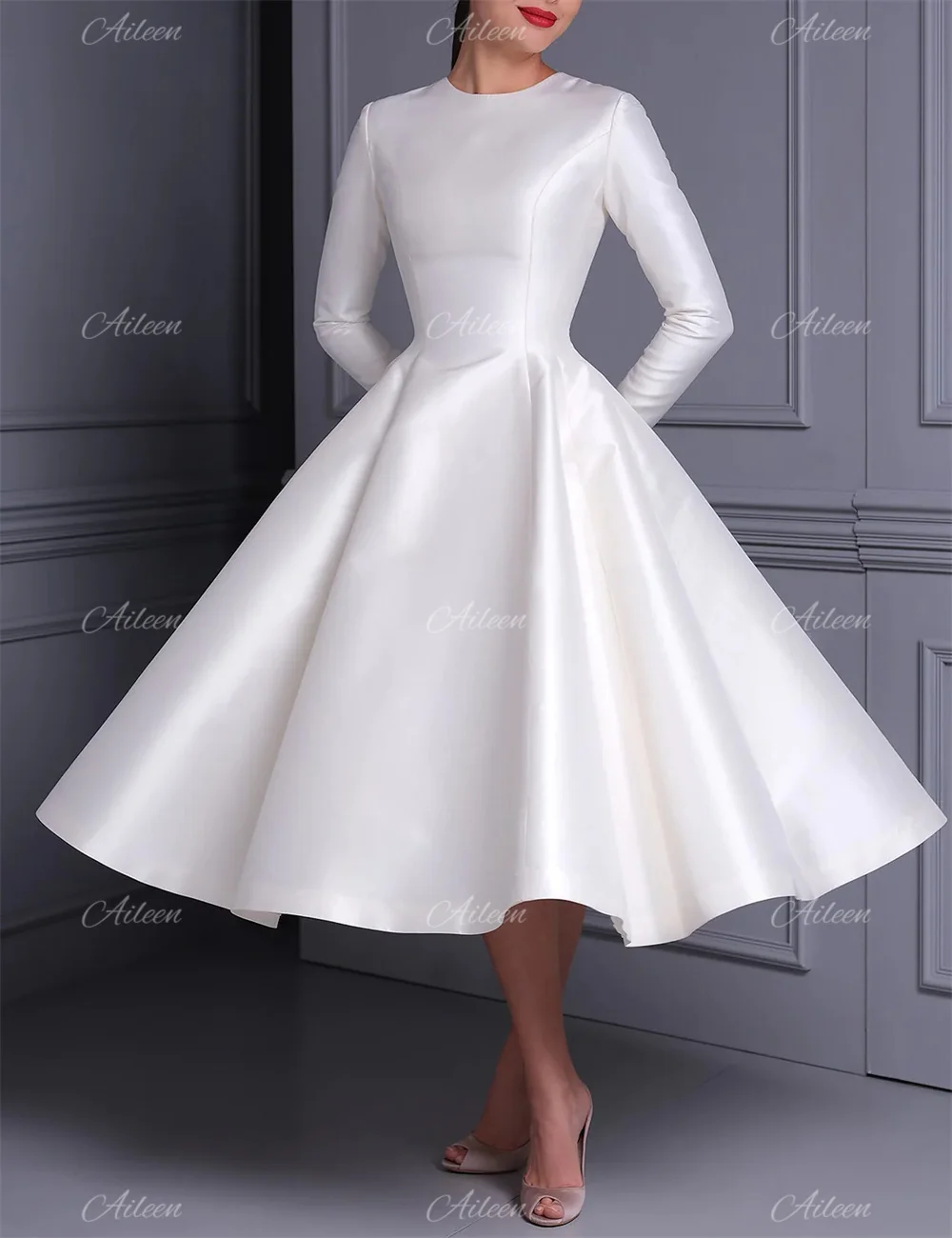 

Satin Home Dresses Grace Formal Occasion Dresses White Wedding Dress Knee Length Skirt Women's Evening Dress Cocktail Prom Party