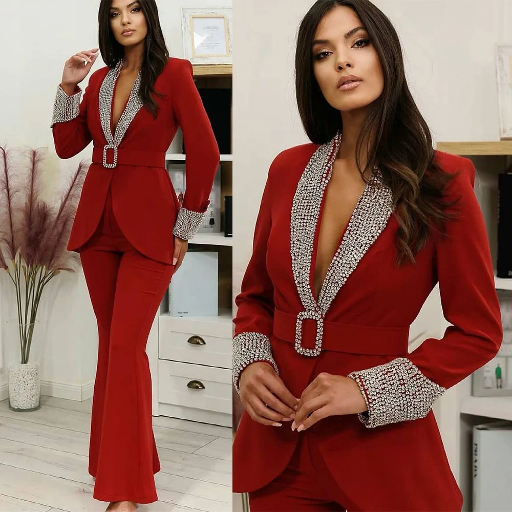 Elegant Red Crystal Evening Suit 2 Piece Wedding Mother Bride Dress Formal Commuter Business Set (Jacket+Pants)