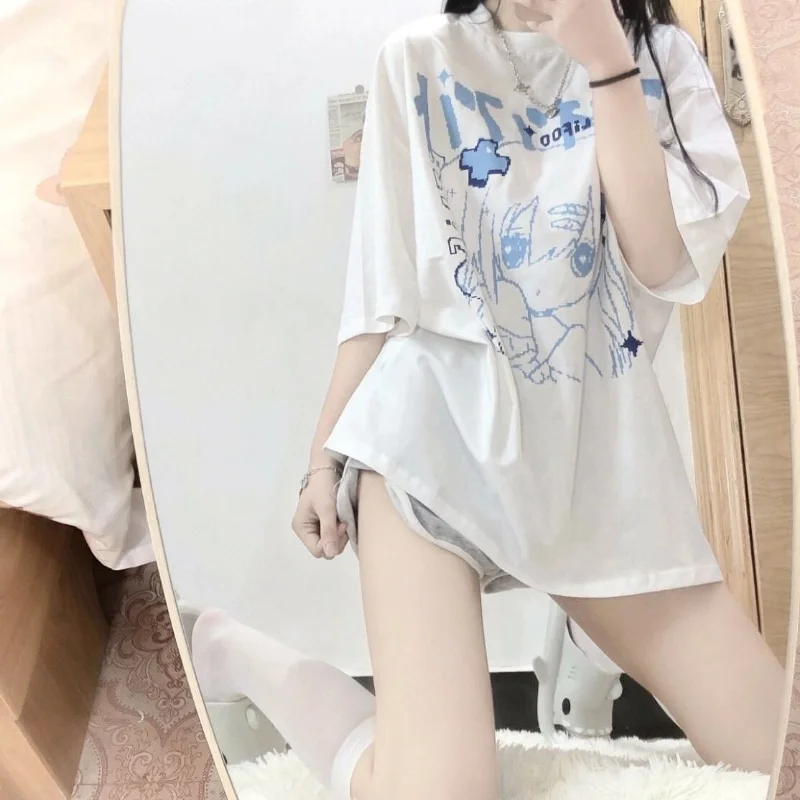 

MINGLIUSILI Kawaii Japanese Graphic T Shirts 2023 Summer Short Sleeve Top Casual Cute Lady Sweet White Cartoon T Shirt for Women