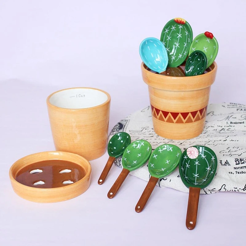 

Ceramic Rice Spoon Cute Cactus Shape Scale Spoon Baking Measuring Spoon Household Spoon Cute Kitchen Tool With Base