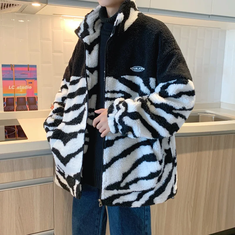

Privathinker Winter New Lamb Wool Jackets Men Zebra Pattern Thicken Warm Coats Stand Collar Male Parkas Loose Harajuku Outerwear