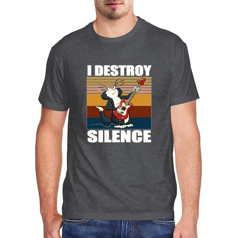 

I Destroy Silence Funny Cat Playing Guitar Meme T-Shirt Oversized Femme Men Streetwear 100% Cotton Summer T-Shirt 2022 Mens Top