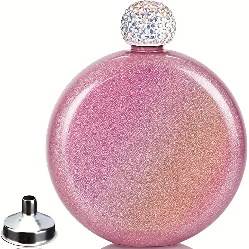 

1 Pc Cute Liquor Flask For Women, Stainless Steel, Pretty Glitter Coating Whiskey Flasks, Shining Rhinestone Cap, Portable Wine