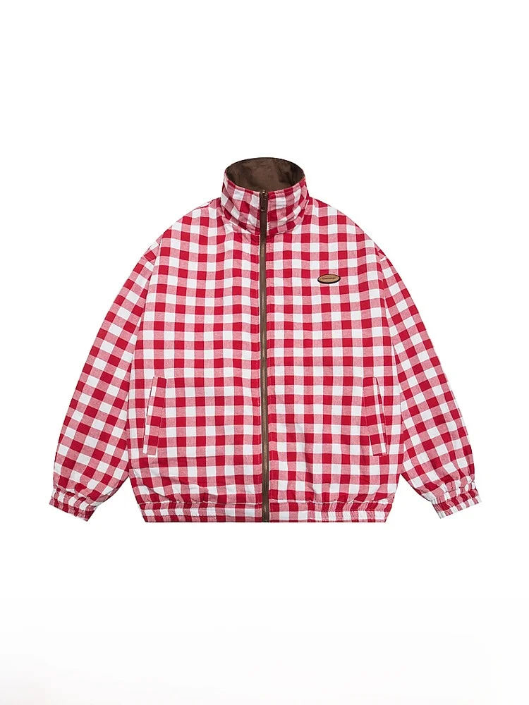 Wukong Goods зимняя клетчатая двусторонняя куртка в стиле ретро с воротником-стойкой