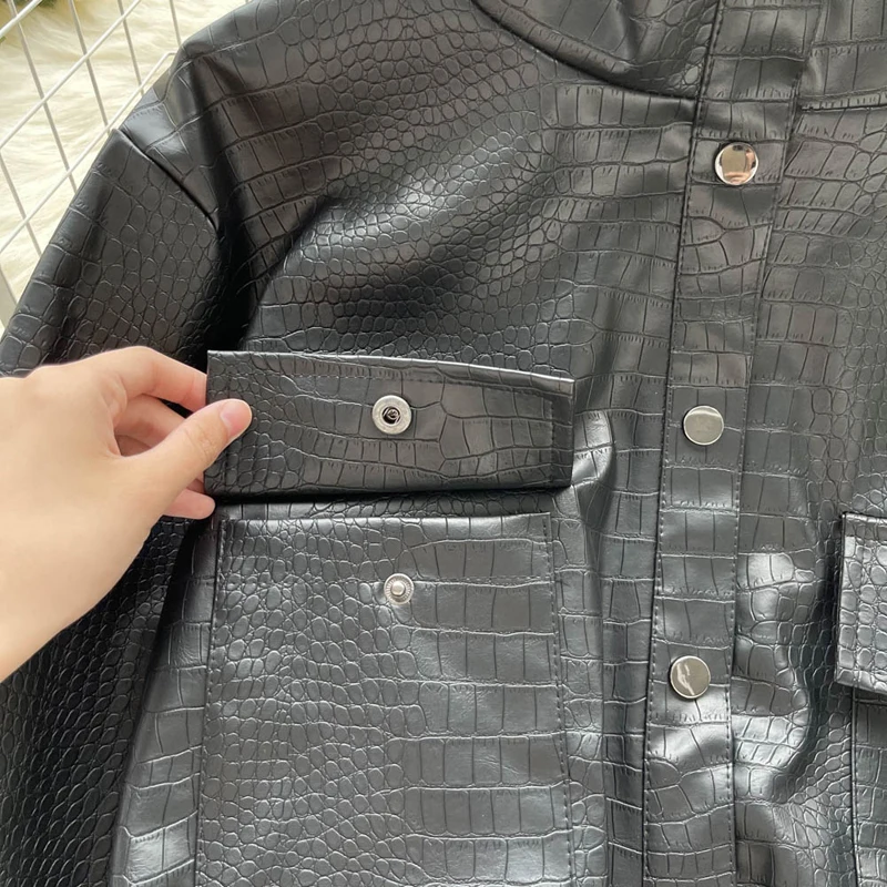 Women Crocodile Pattern Faux Leather Jacket Coat Casual PU Loose Motorcycle Jackets Female Streetwear Oversized Coat Korean Chic