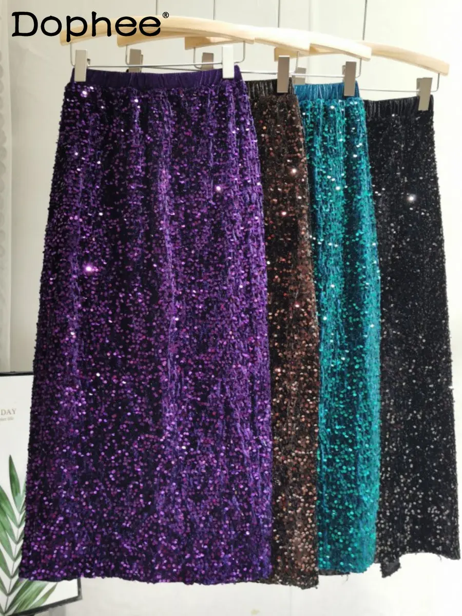 

Embroidery Sequins Fleece Warm Split Skirt Women Autumn Winter Elastic Waist Colorful Sequins Shiny Loose Midi Skirt Street Club