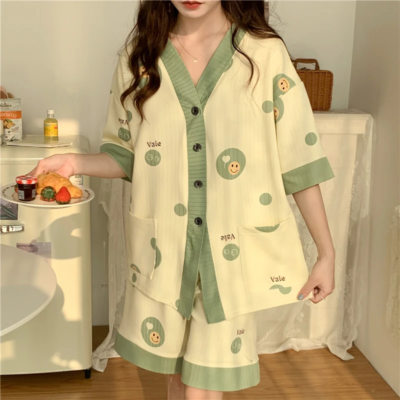 Summer thin female pajamas plus fat plus 300 catties can wear sweet loose home clothes short sleeve shorts set
