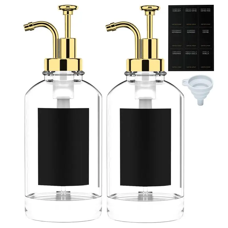 

500ml Coffee Syrup Dispenser Clear Coffee Syrup Pump Coffee Dispenser 2 Pumps Funnel 9 Minimalist Labels for Dish Soap Mouthwash