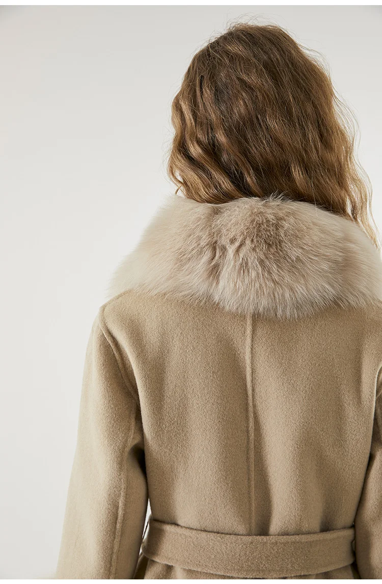 2022 X-long Real Fur Coat Belt Winter Jacket Cashmere Wool Blends Women Natural Fox Fur Collar Streetwear Outerwear