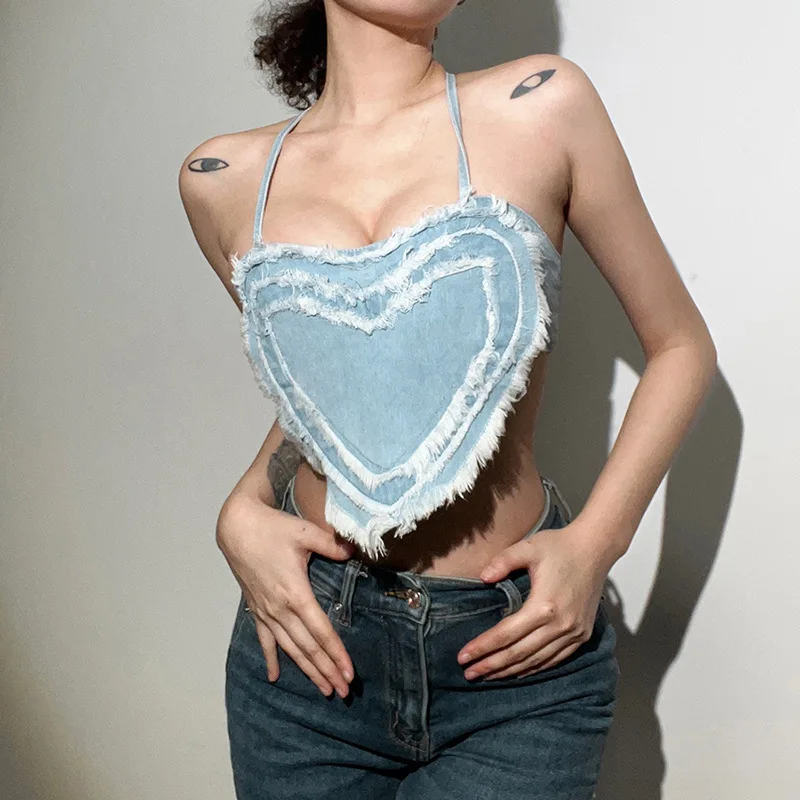 

2022 summer women's new peach heart stitching sexy backless low-cut halter neck sling raw washed denim vest