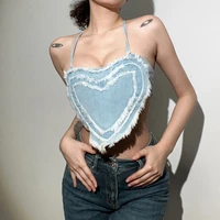 2022 summer womens new peach heart stitching sexy backless low cut halter neck sling raw washed denim vest