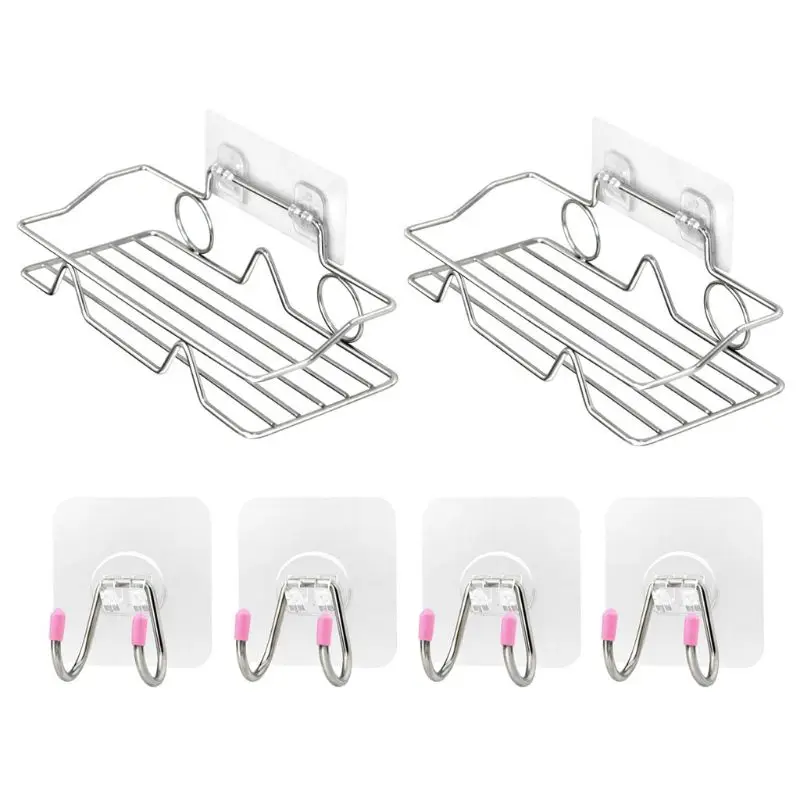 

2pcs Stainless Steel Bathroom Shower Shampoo Shelf Adhesive Storage Rack Kitchen Organizer with 4 Hooks