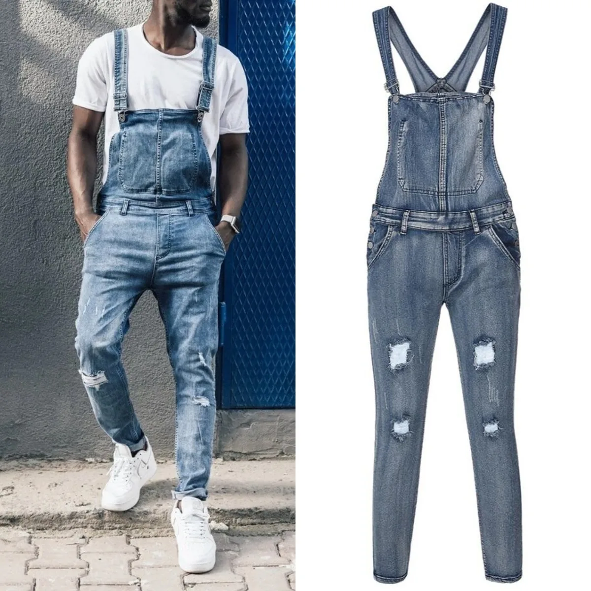Men's Fashionable Suspender Denim Jumpsuit Jeans Trousers Popular Overalls Full Length Cargo Pants Bibs Rompers