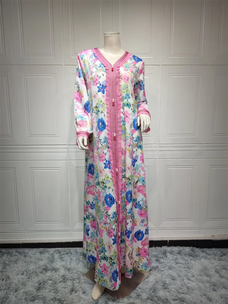 Jalabiya For Women Floral Embroidery Guipure Lace Panel Hijabs Dress Ethnic Print Kaftan Dubai Luxury Modest Dresses Ramadan