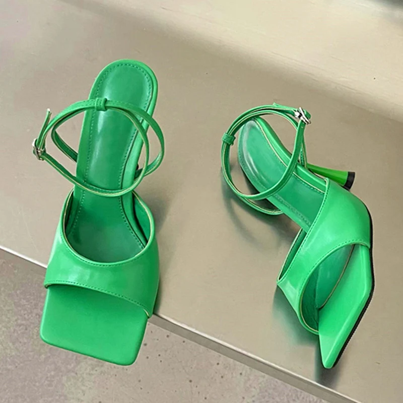 

Liyke Fashion Green Ankle Strap Women Thin High Heels Gladiator Sandals Summer Square Open Toe Party Dress Shoes Sandalias Mujer