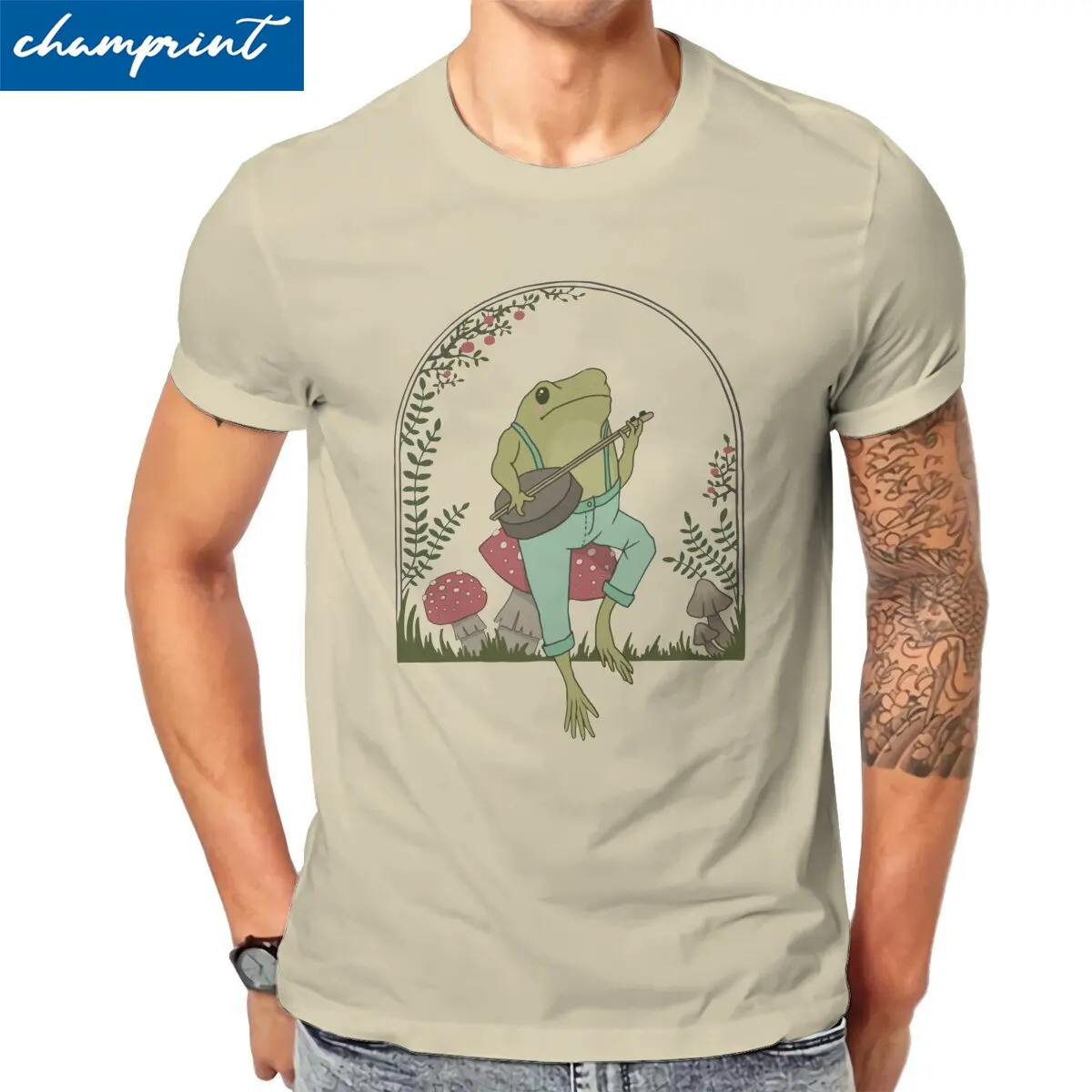 

Футболка мужская хлопковая с круглым вырезом, винтажная тенниска с принтом лягушки играющей банджо и грибов, классическая одежда из чистого хлопка