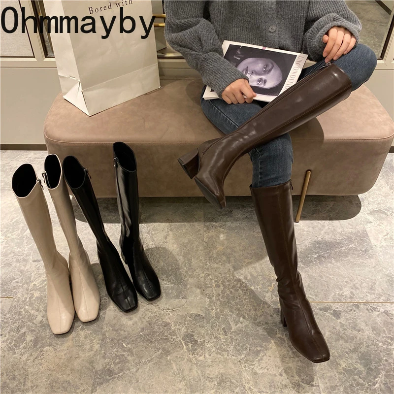 Slim Woman Knight Knee-high Boots Square 6CM Heel Ladies Zippers Fashion Soft Leather Winter Long Boots 2023 Shoes For Women