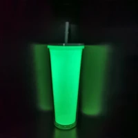 ins hot 24oz glowing in dark double wall snow globe tumbler uv glow glitter diy plastic cold tea coffee cup with lids and straws